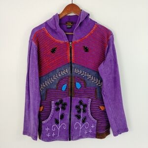 Rising International Hoodie Size L Multicolor Patchwork Hippie Full Zip Jacket